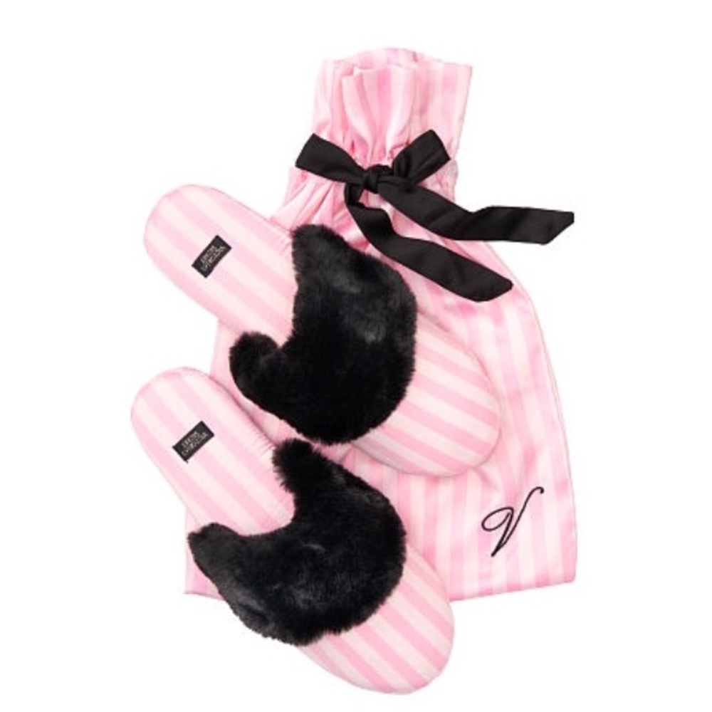 Rare Victoria Secret Slppers In A Carry Bag.Fur Trin Pink With Stripes